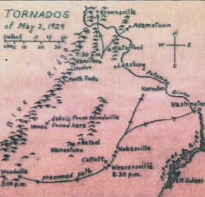 Map of the 1929 tornado path in Loudoun County