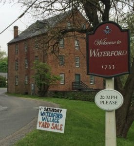 yard sale sign at the old mill in the village of Waterford Virginia