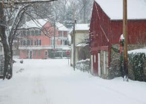 village center in the snow in Waterford Virginia