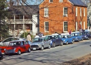 Mini Cooper cars on Second Street in the spring in Waterford VA